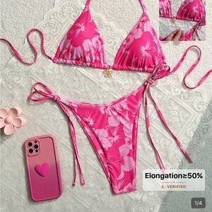 SHEIN Pink Floral Triangle Tie-Side Bikini